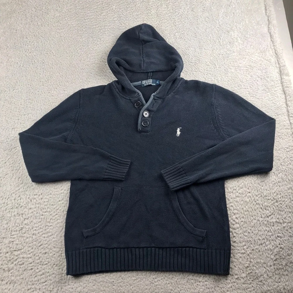 Polo Ralph Lauren Henley Hoodie Mens XL Navy Blue Cotton Knit Pullover Sweater